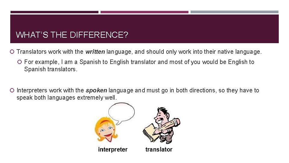 WHAT’S THE DIFFERENCE? Translators work with the written language, and should only work into