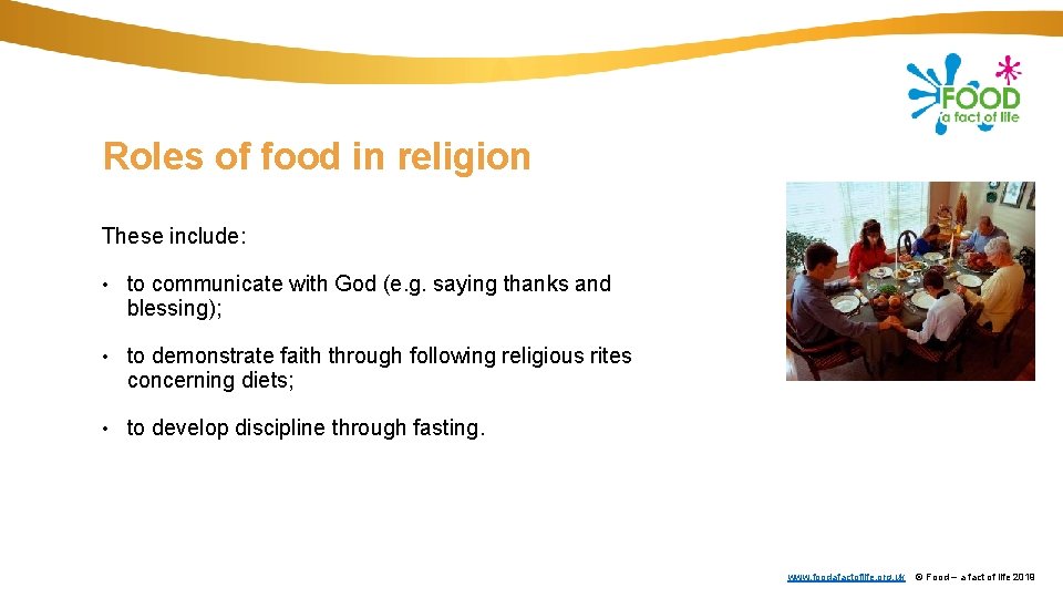 Roles of food in religion These include: • to communicate with God (e. g.