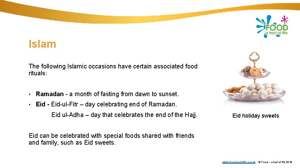 Islam The following Islamic occasions have certain associated food rituals: • Ramadan - a