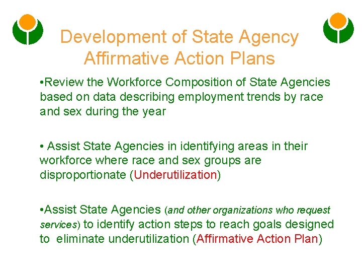 Development of State Agency Affirmative Action Plans • Review the Workforce Composition of State