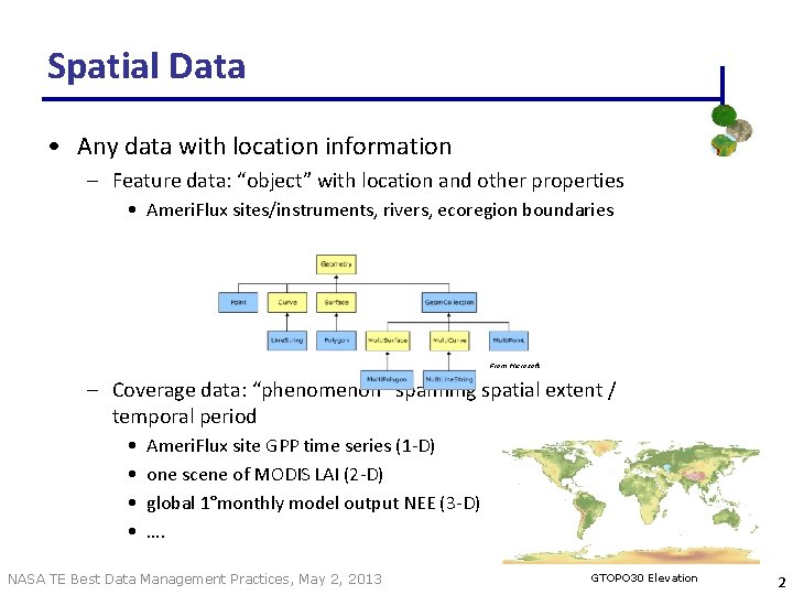 Spatial Data • Any data with location information – Feature data: “object” with location Spatial Data • Any data with location information – Feature data: “object” with location