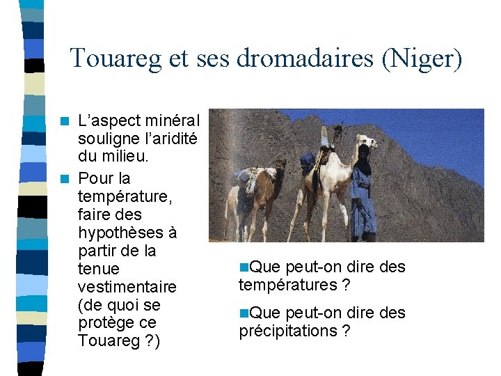 Touareg et ses dromadaires (Niger) L’aspect minéral souligne l’aridité du milieu. n Pour la