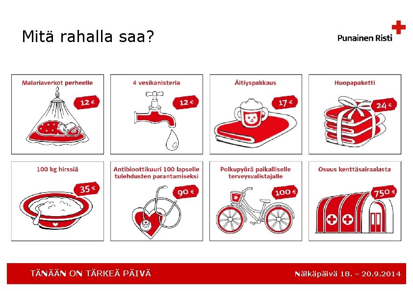 Mitä rahalla saa? TÄNÄÄN ON TÄRKEÄ PÄIVÄ Nälkäpäivä 18. – 20. 9. 2014 