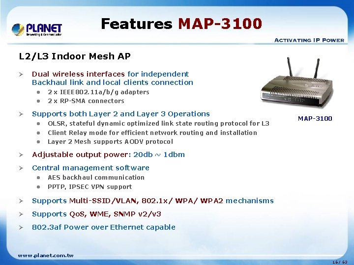 Features MAP-3100 L 2/L 3 Indoor Mesh AP Ø Ø Dual wireless interfaces for