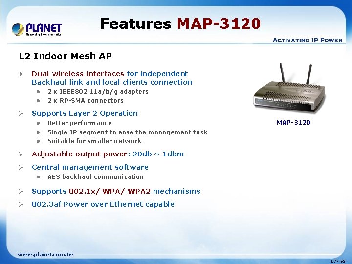 Features MAP-3120 L 2 Indoor Mesh AP Ø Ø Dual wireless interfaces for independent