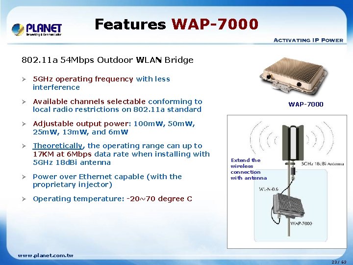 Features WAP-7000 802. 11 a 54 Mbps Outdoor WLAN Bridge Ø 5 GHz operating