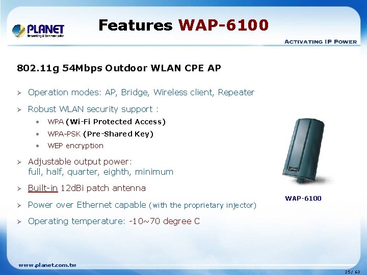 Features WAP-6100 802. 11 g 54 Mbps Outdoor WLAN CPE AP Ø Operation modes: