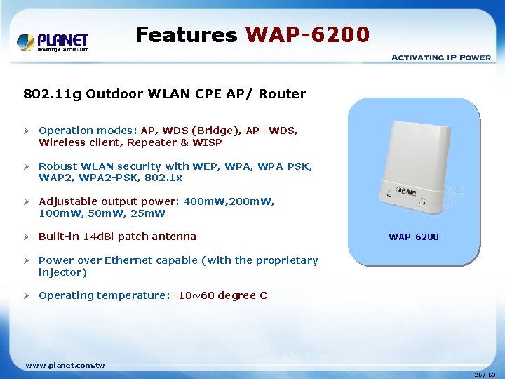 Features WAP-6200 802. 11 g Outdoor WLAN CPE AP/ Router Ø Operation modes: AP,