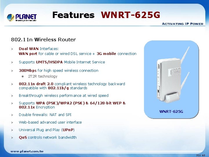 Features WNRT-625 G 802. 11 n Wireless Router Ø Dual WAN Interfaces: WAN port