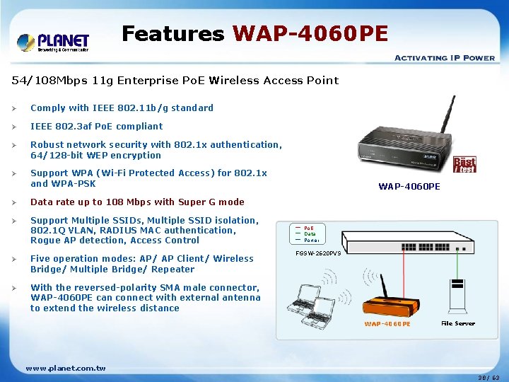 Features WAP-4060 PE 54/108 Mbps 11 g Enterprise Po. E Wireless Access Point Ø