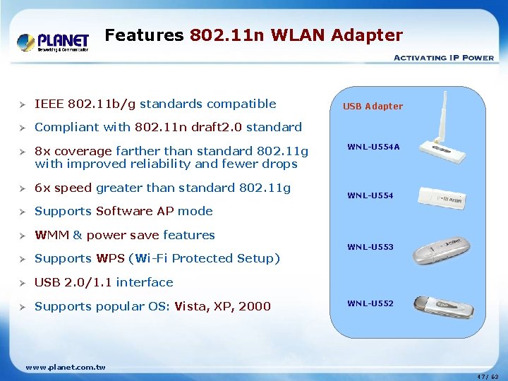 Features 802. 11 n WLAN Adapter Ø IEEE 802. 11 b/g standards compatible Ø