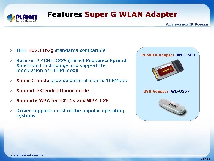 Features Super G WLAN Adapter Ø IEEE 802. 11 b/g standards compatible PCMCIA Adapter