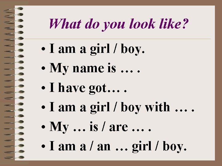 What do you look like? • I am a girl / boy. • My