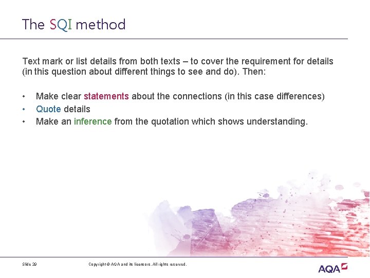 The SQI method Text mark or list details from both texts – to cover