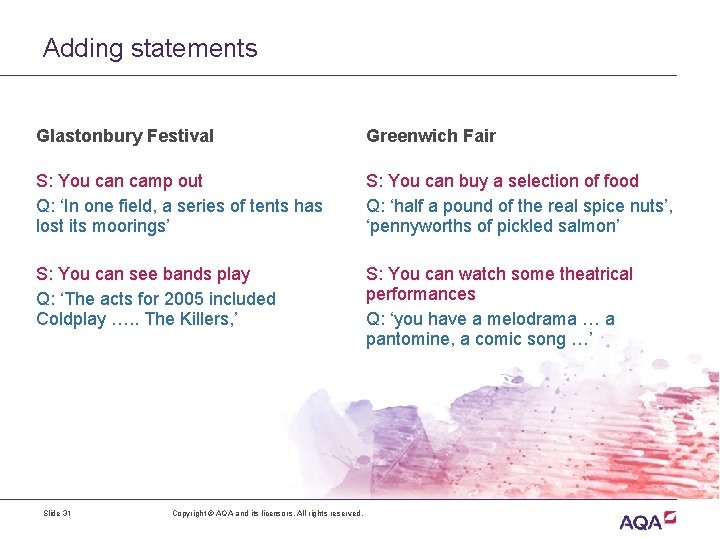 Adding statements Glastonbury Festival Greenwich Fair S: You can camp out Q: ‘In one