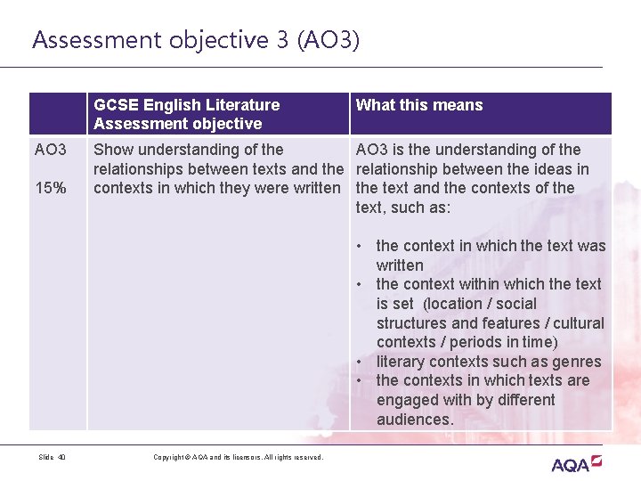 Assessment objective 3 (AO 3) GCSE English Literature Assessment objective AO 3 15% Slide