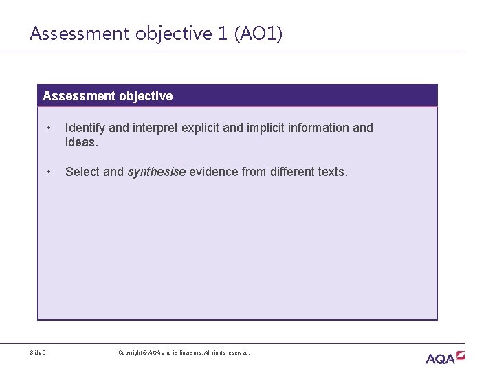 Assessment objective 1 (AO 1) Assessment objective Slide 5 • Identify and interpret explicit