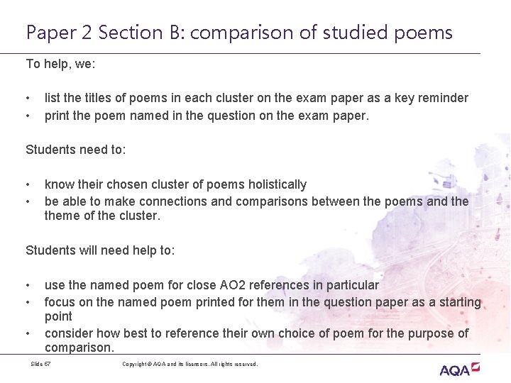 Paper 2 Section B: comparison of studied poems To help, we: • • list