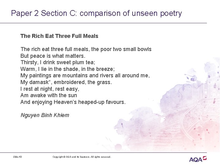 Paper 2 Section C: comparison of unseen poetry The Rich Eat Three Full Meals