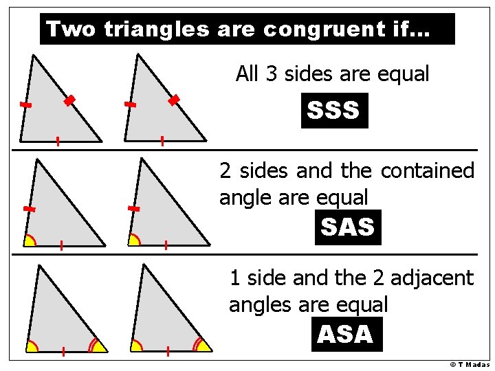 Two triangles are congruent if… All 3 sides are equal SSS 2 sides and