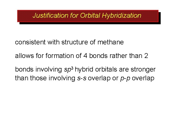 Justification for Orbital Hybridization consistent with structure of methane allows formation of 4 bonds