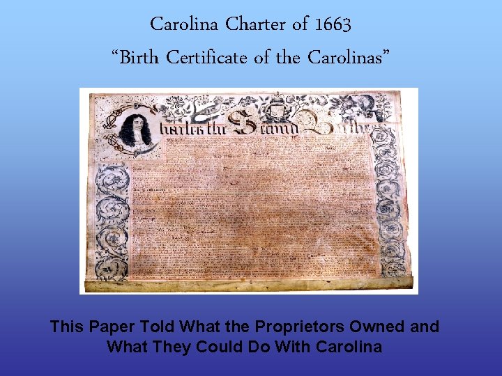 Carolina Charter of 1663 “Birth Certificate of the Carolinas” This Paper Told What the
