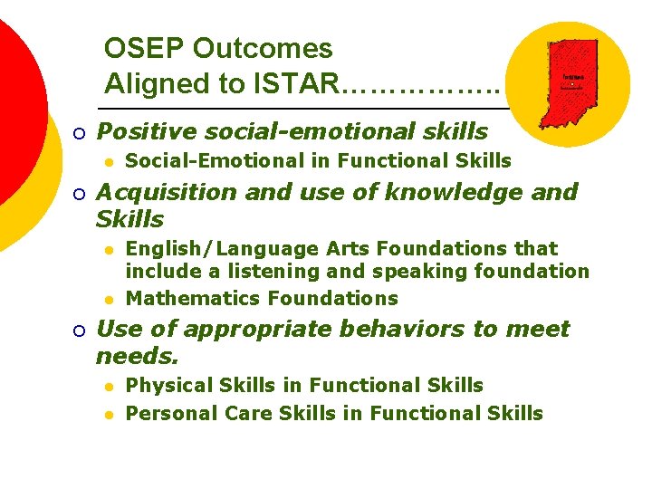 OSEP Outcomes Aligned to ISTAR……………. . ¡ Positive social-emotional skills l ¡ Acquisition and