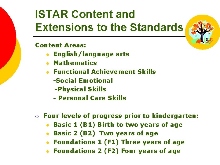 ISTAR Content and Extensions to the Standards Content Areas: l English/language arts l Mathematics