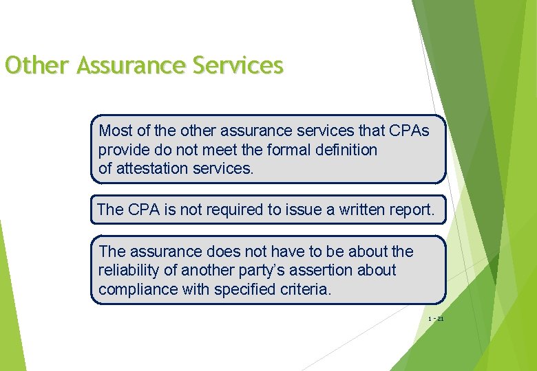 Other Assurance Services Most of the other assurance services that CPAs provide do not