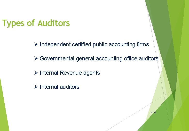 Types of Auditors Ø Independent certified public accounting firms Ø Governmental general accounting office