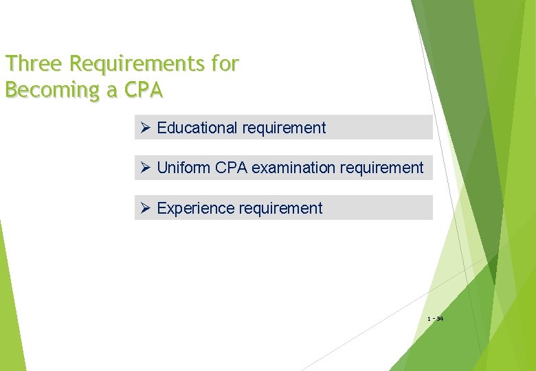 Three Requirements for Becoming a CPA Ø Educational requirement Ø Uniform CPA examination requirement