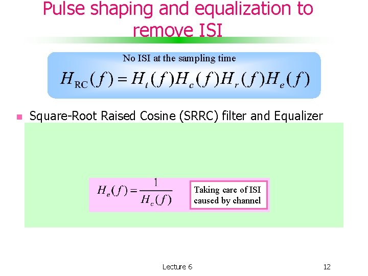 Pulse shaping and equalization to remove ISI No ISI at the sampling time Square-Root