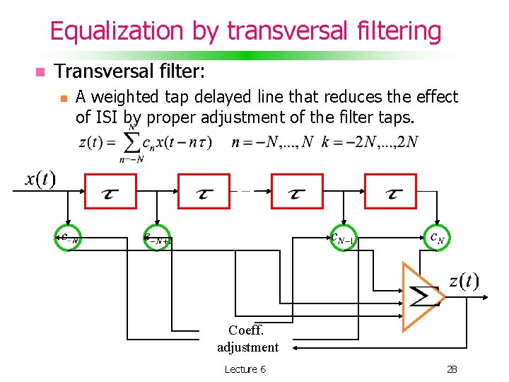 Equalization by transversal filtering Transversal filter: A weighted tap delayed line that reduces the