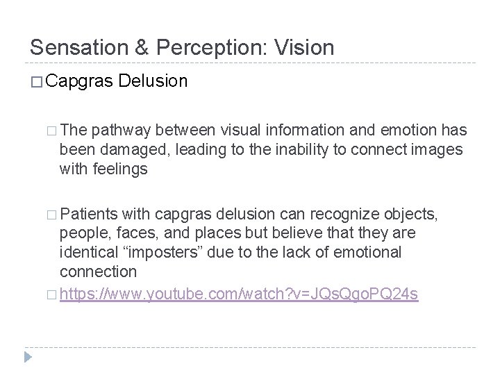 Sensation & Perception: Vision � Capgras Delusion � The pathway between visual information and