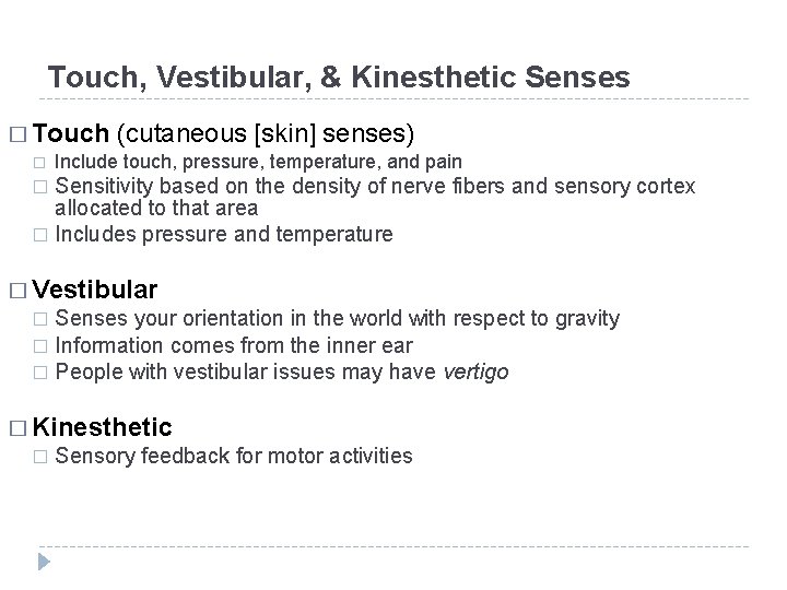 Touch, Vestibular, & Kinesthetic Senses � Touch (cutaneous [skin] senses) � Include touch, pressure,