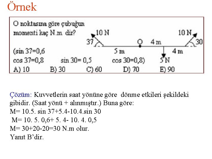 Örnek Çözüm: Kuvvetlerin saat yönüne göre dönme etkileri şekildeki gibidir. (Saat yönü + alınmıştır.