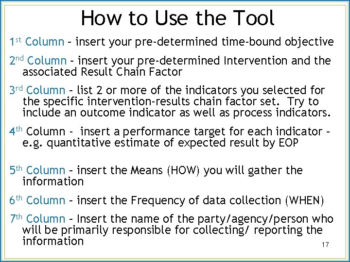 How to Use the Tool 1 st Column – insert your pre-determined time-bound objective