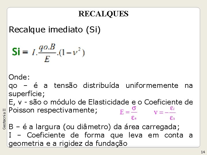 RECALQUES Geotecnia II Recalque imediato (Si) Onde: qo – é a tensão distribuída uniformemente