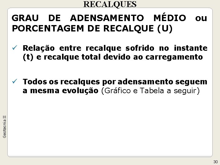 RECALQUES GRAU DE ADENSAMENTO MÉDIO ou PORCENTAGEM DE RECALQUE (U) ü Relação entre recalque