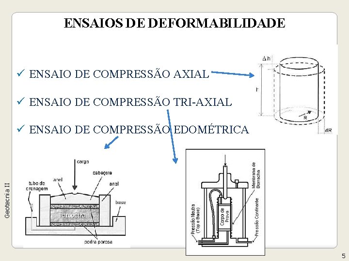 ENSAIOS DE DEFORMABILIDADE ü ENSAIO DE COMPRESSÃO AXIAL ü ENSAIO DE COMPRESSÃO TRI-AXIAL Geotecnia