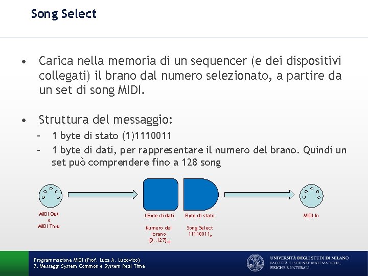 Song Select • Carica nella memoria di un sequencer (e dei dispositivi collegati) il