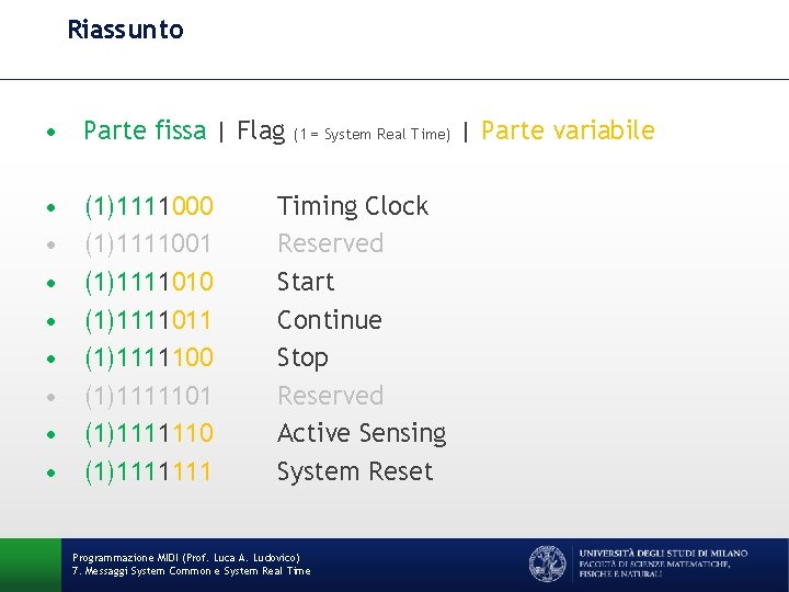 Riassunto • Parte fissa | Flag (1 = System Real Time) | Parte variabile