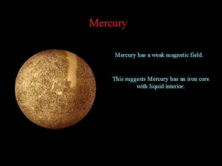Mercury has a weak magnetic field. This suggests Mercury has an iron core with