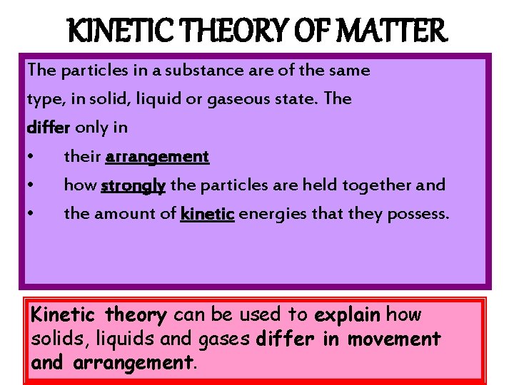 KINETIC THEORY OF MATTER The particles in a substance are of the same type,