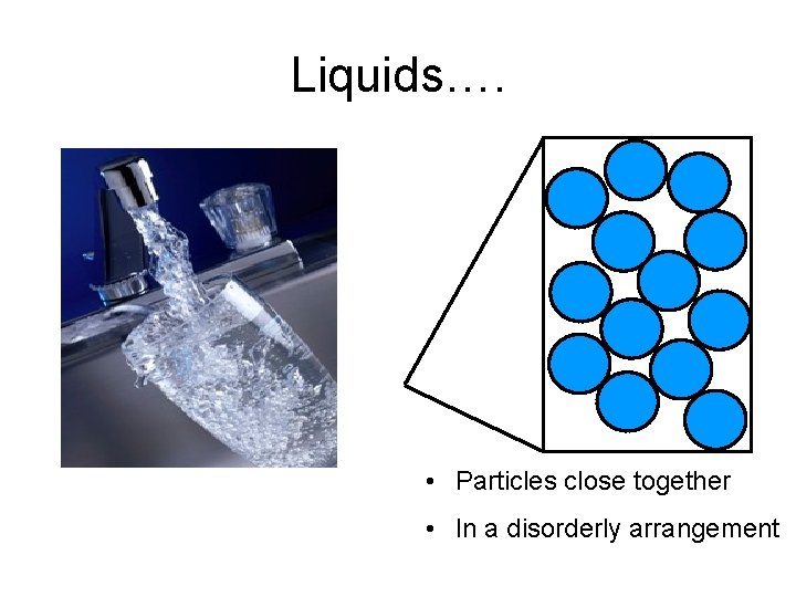 Liquids…. • Particles close together • In a disorderly arrangement 