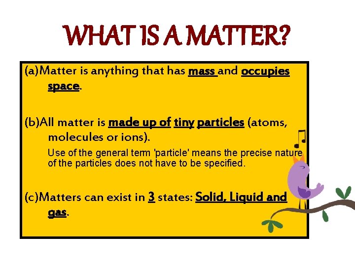 WHAT IS A MATTER? (a)Matter is anything that has mass and occupies space. (b)All