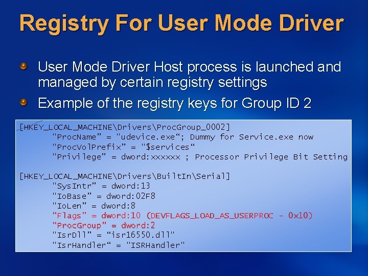 Registry For User Mode Driver Host process is launched and managed by certain registry