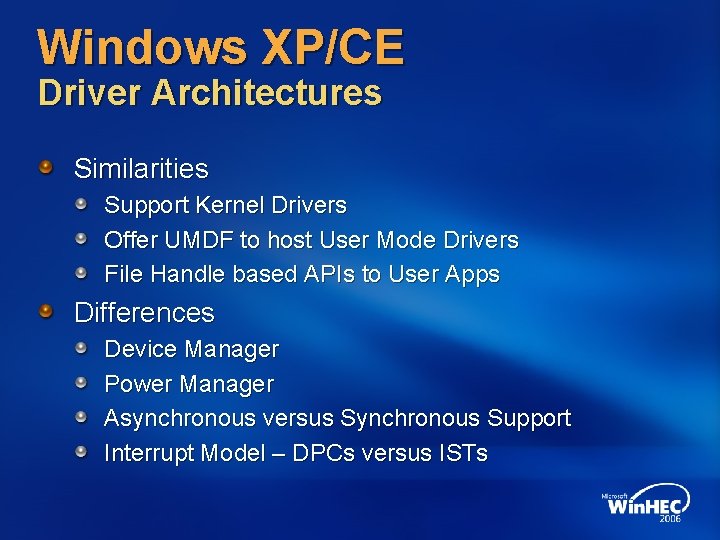 Windows XP/CE Driver Architectures Similarities Support Kernel Drivers Offer UMDF to host User Mode