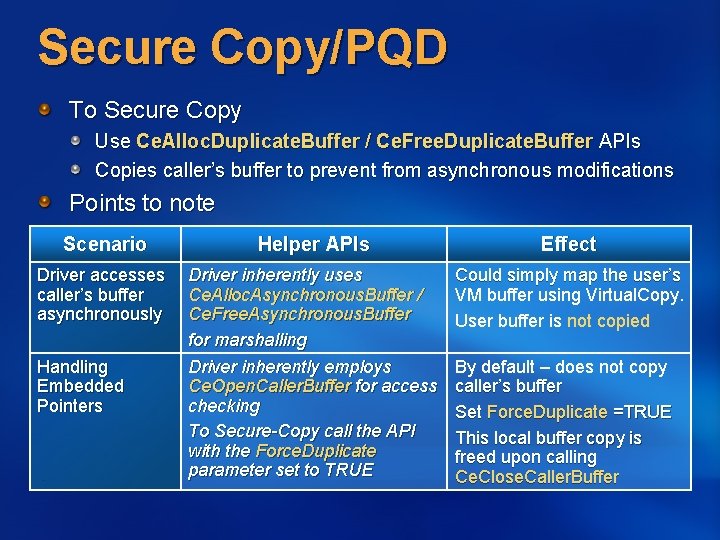 Secure Copy/PQD To Secure Copy Use Ce. Alloc. Duplicate. Buffer / Ce. Free. Duplicate.