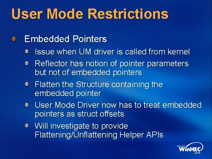 User Mode Restrictions Embedded Pointers Issue when UM driver is called from kernel Reflector